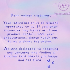 May include: A pastel-colored graphic with text. The text reads, "Dear valued customer, Your satisfaction is of utmost importance to us. If you ever encounter any issues... please reach out to us." The Vintage Violet Gift logo is in the upper right.