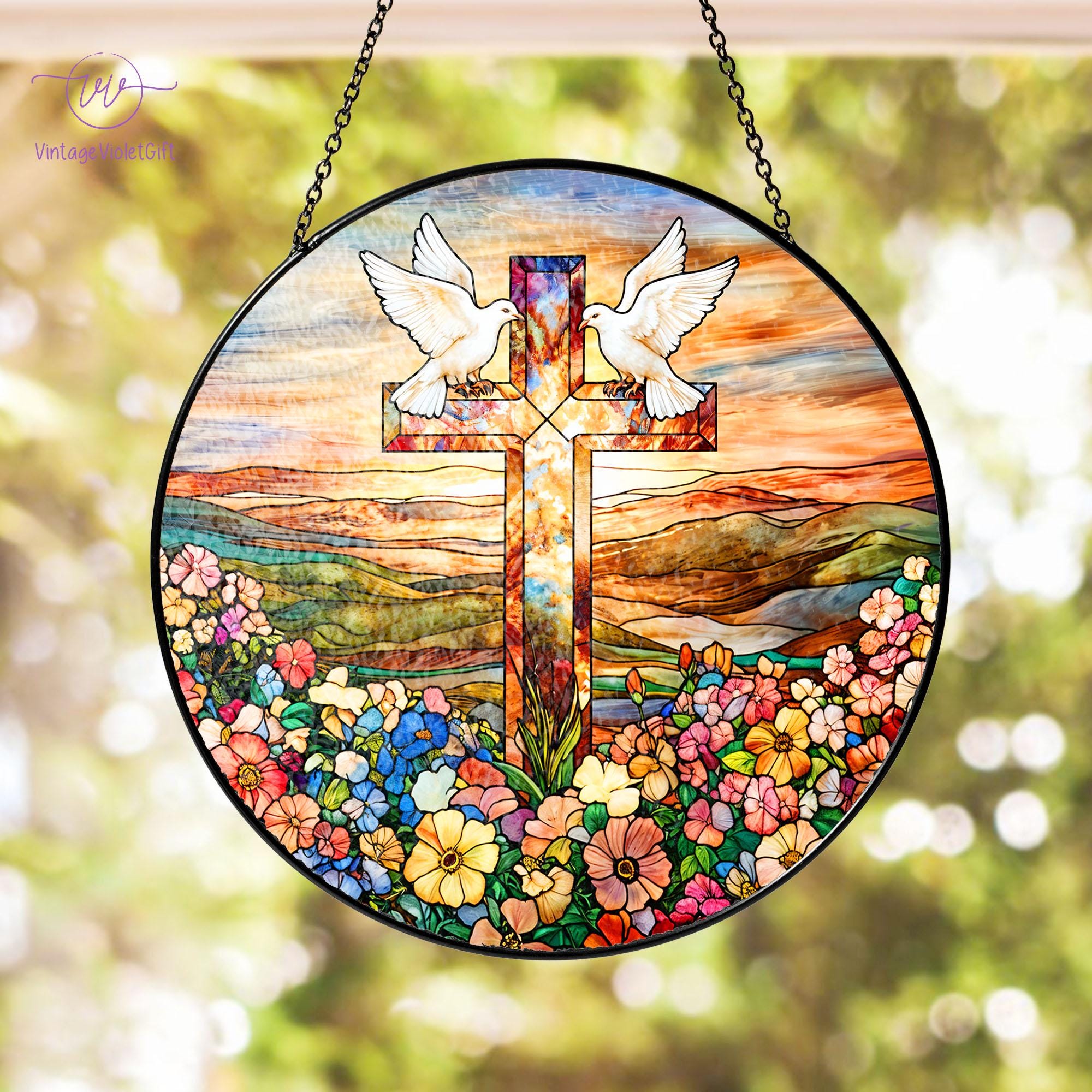 Cross Christian Stained Glass Suncatcher, Holy Spirit Dove Window ...