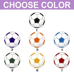 May include: An illustration of seven soccer balls in various colors, including black, blue, orange, green, yellow, and red. The text "CHOOSE COLOR" is at the top. Each ball is numbered from 1 to 7.