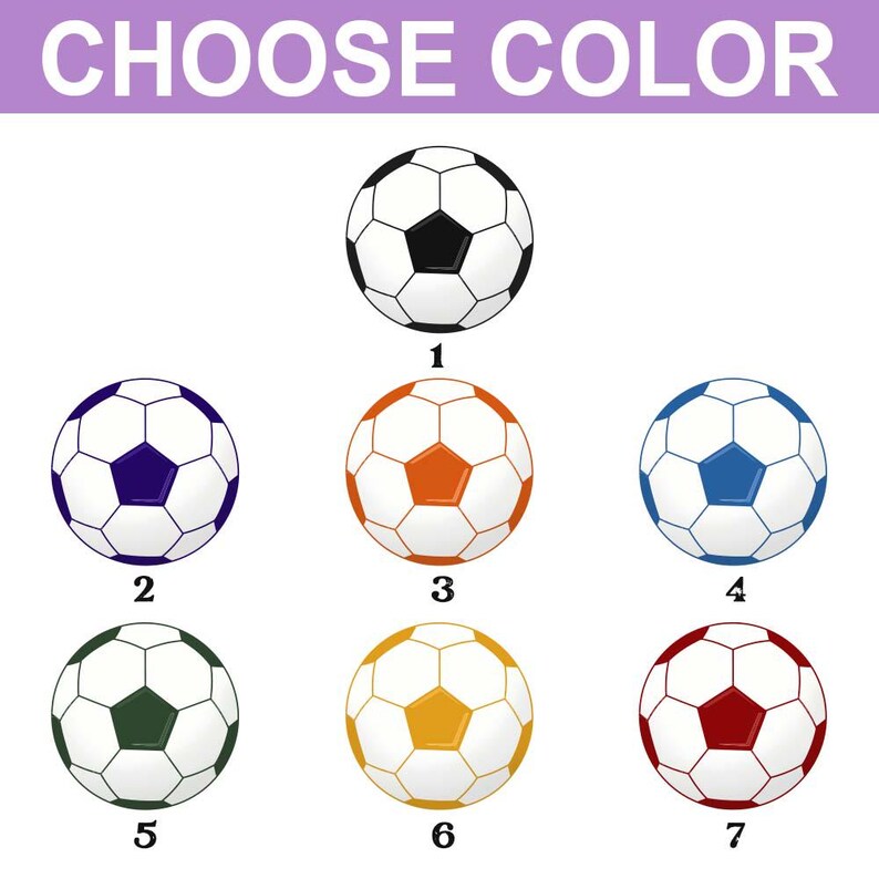May include: An illustration of seven soccer balls in various colors, including black, blue, orange, green, yellow, and red. The text "CHOOSE COLOR" is at the top. Each ball is numbered from 1 to 7.