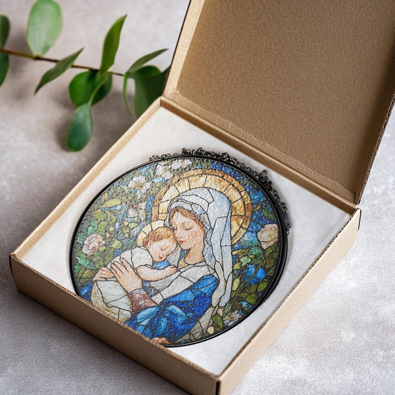 Virgin Mary Stained Glass Suncatcher, Christian Wall Art, Baby Jesus ...