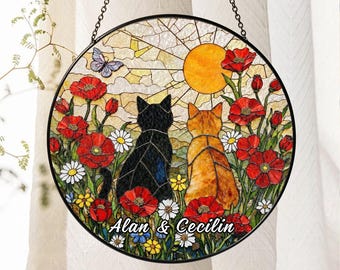 Charming Black And Orange Cat Garden Stained Glass Suncatcher, Cat Window Hanging, Garden Suncatcher, Gift For Mom, Grandma Gift, Home Decor