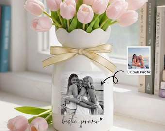 Personalized Best Friend Photo Floral Ceramic Vase, Custom Photo Besties Flower Vase, Friendship Gift, Soul Sister Gift, Birthday Gifts