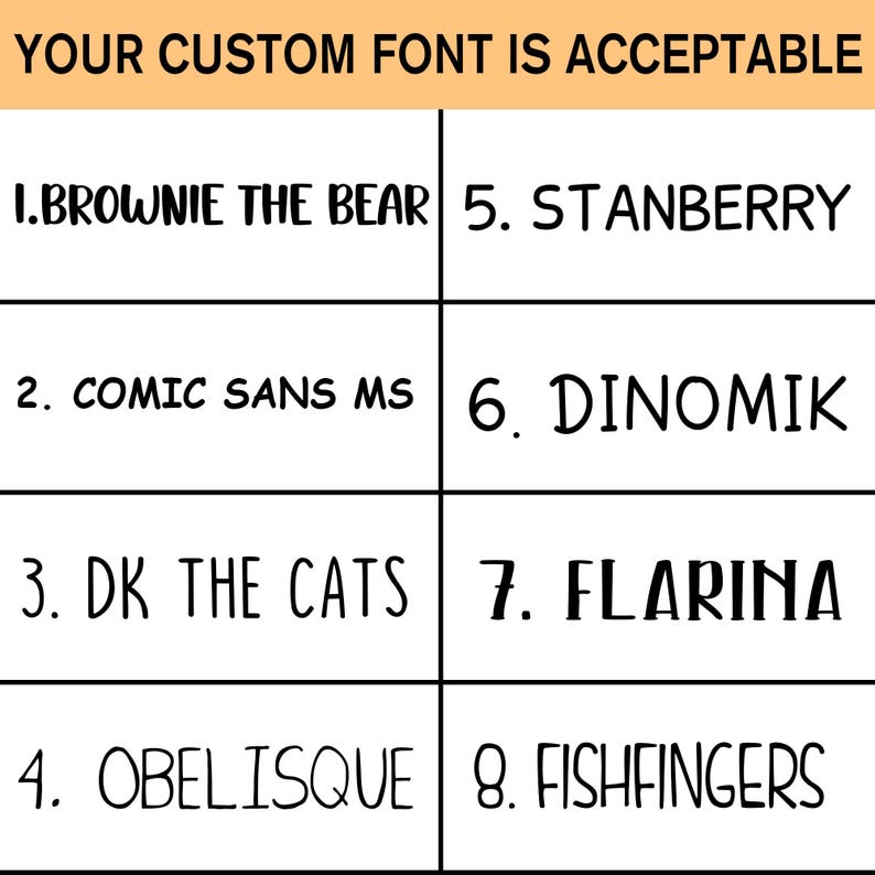 Op de afbeelding: Een lijst met acht verschillende lettertypen, elk met een nummer en een naam. De lettertypen zijn: 1. Brownie the Bear, 2. Comic Sans MS, 3. DK the Cats, 4. Obelisque, 5. Stanberry, 6. Dinomik, 7. Flarina en 8. Fishfingers.