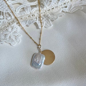 14K Gold Necklace 18” Freshwater Baroque Pearl Necklace Gold Filled Coin Handmade Pearl Necklace Chain Necklace Chain Chocker