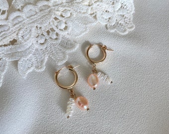 14K Gold Filled Hoop Earrings Freshwater Pearl Earrings Drop Earrings Bridesmaid Gift For Her Earrings Minimalist Pearl Huggie Earrings