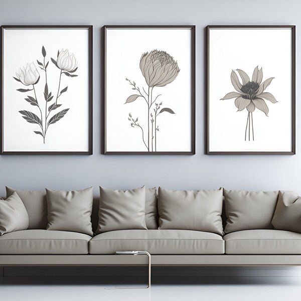 Neutral Botanical Print Set of 3, Abstract Botanical Prints, Wild Flowers Boho Gallery Wall art, Gray Beige Botanical Wall Decor, Floral Art