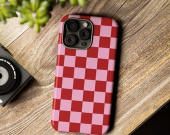 Retro Checkered Phone Case, Pink Red Stylish Mobile Case, iPhone 16 Pro Max Tough Case, Samsung Galaxy S24, Pixel, iPhone 15 MagSafe