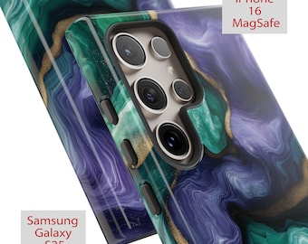 Abstract Marble Phone Case, Stylish Swirl iPhone 16 Pro Max Tough Case, Green & Purple Samsung Galaxy S25, iPhone 15 MagSafe