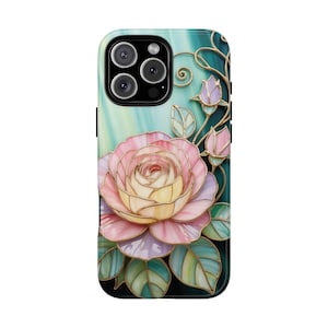 GLAS IN GLAS ROSE iPhone 16 Pro Max Tough Case Cadeau voor haar, bloemdessin compatibel met MagSafe, duurzaam kunsthoesje voor iPhone 15+