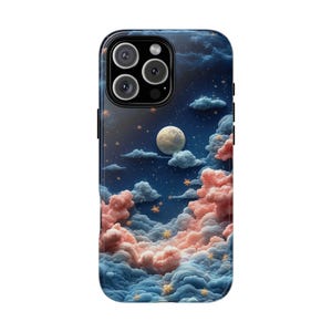 CLOUDS & MOON iPhone Case, Aesthetic MagSafe Tough Case iPhone 16 Pro Max 15 Plus 14 Gift for Her, Pastel Blue Pink Celestial Trendy Cover