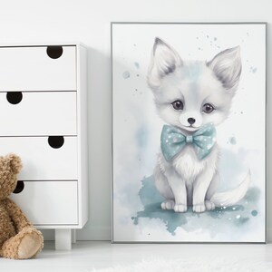 Enchanting Arctic Fox with Bow - Adorable Printable Nursery Art, PRINTABLE art, Nursery wall art