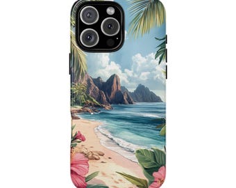 TROPICAL BEACH iPhone Case, Hibiscus Summer Mobile Case Gift, Scenic iPhone 16 Pro Max Tough Case, Samsung Galaxy S25 Ultra, Pixel, MagSafe