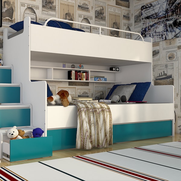 Jugendbett Mond 3 Jugendziemmer Stockbett Spielbett Hochbett Kinderbett Kinderziemmer mit Treppe Montage