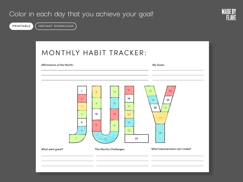 July Habit Tracker Coloring Sheet Printable | Month Fitness Tracker ...