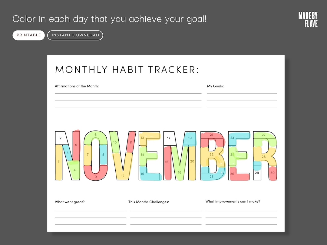 November Habit Tracker Coloring Sheet Printable | Month Fitness Tracker ...