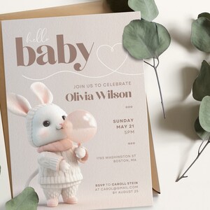 Bunny Baby Shower Invitation | Girl Baby Shower Invite | Canva Template | Balloon Baby Shower | Birth Announcement | Thank You Card