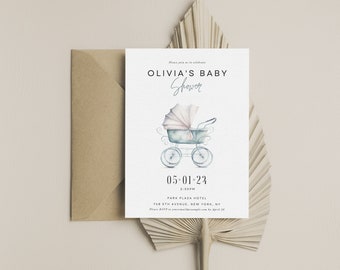 Baby Shower Invite with Baby Stroller Watercolor Invite for Baby Shower Template Canva Printable Baby Shower Card Gender Neutral invite