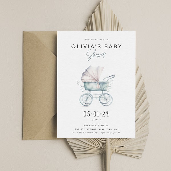 Baby Shower Invite with Baby Stroller Watercolor Invite for Baby Shower Template Canva Printable Baby Shower Card Gender Neutral invite