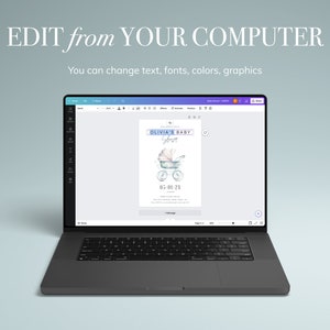 Op de afbeelding: Een laptop toont een sjabloon voor een babyborrel uitnodiging. De uitnodiging bevat een illustratie van een kinderwagen en de tekst "OLIVIA'S BABY" en "03-01-21". Het scherm toont ook de tekst "EDIT from YOUR COMPUTER".