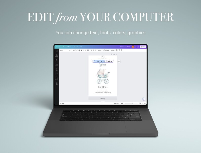 Op de afbeelding: Een laptop toont een sjabloon voor een babyborrel uitnodiging. De uitnodiging bevat een illustratie van een kinderwagen en de tekst "OLIVIA'S BABY" en "03-01-21". Het scherm toont ook de tekst "EDIT from YOUR COMPUTER".
