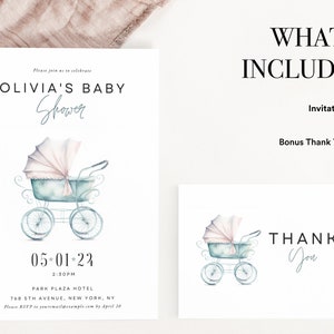 Op de afbeelding: Babyshower uitnodiging en bedankkaartenset. De uitnodiging toont een aquarel illustratie van een kinderwagen, de tekst "OLIVIA'S BABY Shower" en evenement details. De bedankkaart heeft een bijpassende wagen illustratie en het woord "THANK You".