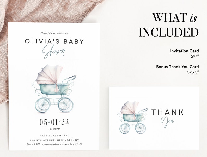 Op de afbeelding: Babyshower uitnodiging en bedankkaartenset. De uitnodiging toont een aquarel illustratie van een kinderwagen, de tekst "OLIVIA'S BABY Shower" en evenement details. De bedankkaart heeft een bijpassende wagen illustratie en het woord "THANK You".
