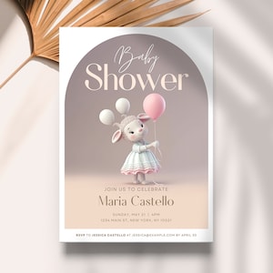 Lamb Baby Shower Invitation | Baby Shower Invite for Girl | Editable Canva Template | Lamb Baby Shower Thank You Card | Pink balloon