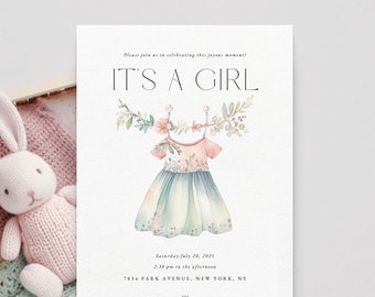 Baby Shower Invitation with princess dress baby shower for girl or birthday invite girl birth announcement printable Canva editable template