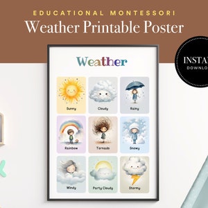 Affiche météo, impression numérique éducative, art mural imprimable, crèche Montessori, décoration d’école à la maison, classe d’enseignant, affiche pour enfants en bas âge