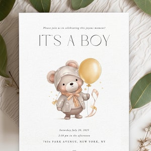 Teddy Bear Baby Shower Invitation | Bear and Balloon Boy Baby Shower Invite | Editable Canva Template | Teddy Bear Thank You Card