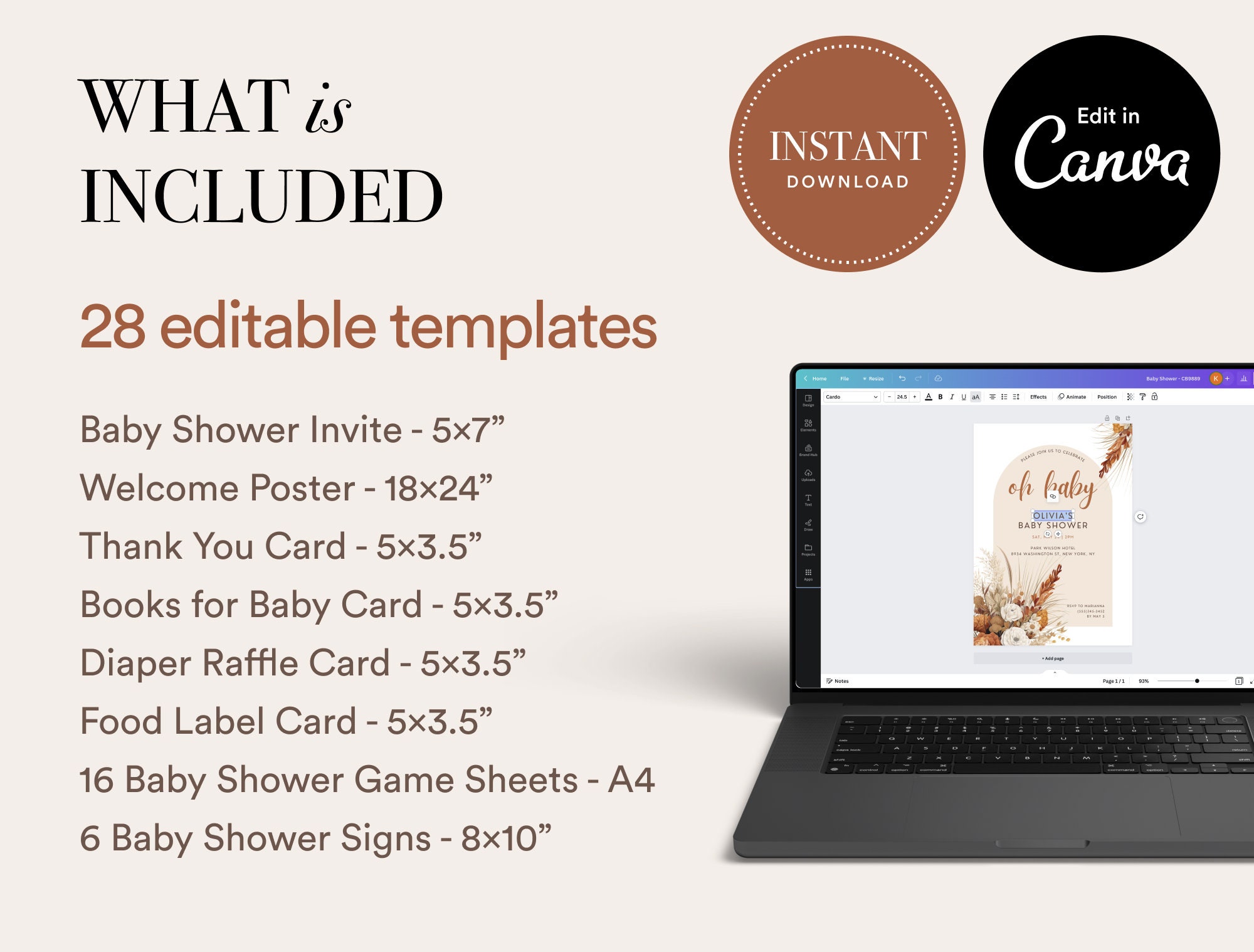 Boho Baby Shower Invitation Bundle, Printable Baby Shower Invitation Pack, Editable Baby Shower