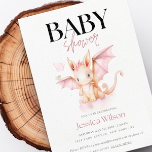 Mädchen Drachen Babyparty einladen | Aquarell Einladen für Babyparty | Druckbare Premium Canva Vorlage | Danke-Karte | Mädchen-Babyparty