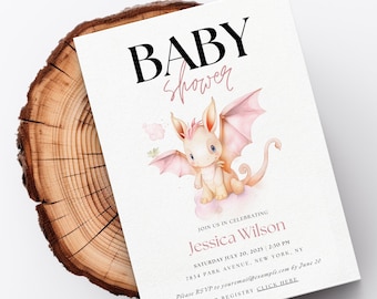 Girl Dragon Baby Shower Invite | Watercolor Invite for Baby Shower | Printable Premium Canva template | Thank You Card | Girl Baby Shower