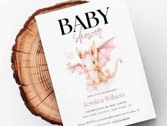 Girl Dragon Baby Shower Invite | Watercolor Invite for Baby Shower | Printable Premium Canva template | Thank You Card | Girl Baby Shower