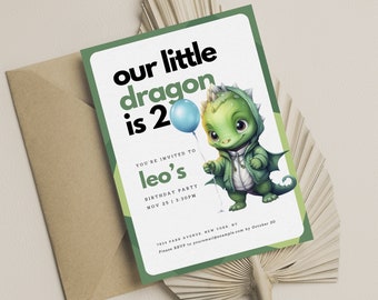 Dragon Birthday Invite | Dinosaur Invite for Boy Birthday Invitation | Editable printable Canva | Boy Birthday template
