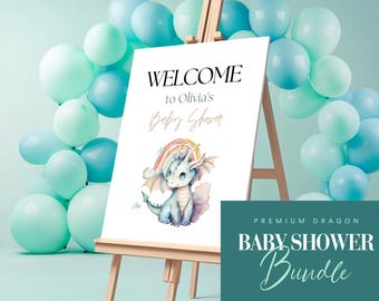 Rainbow Dragon Baby Shower Bundle, Editable Dragon Baby Shower Pack, Dragon Baby Shower Games, Modern Baby Shower Package | Gender neutral