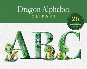 Dragon Alphabet PNG Clipart Bundle | High Quality Letters PNGs | Dragon Nursery Decor | Dinosaur Letter Clipart | Transparent Alphabet PNGs