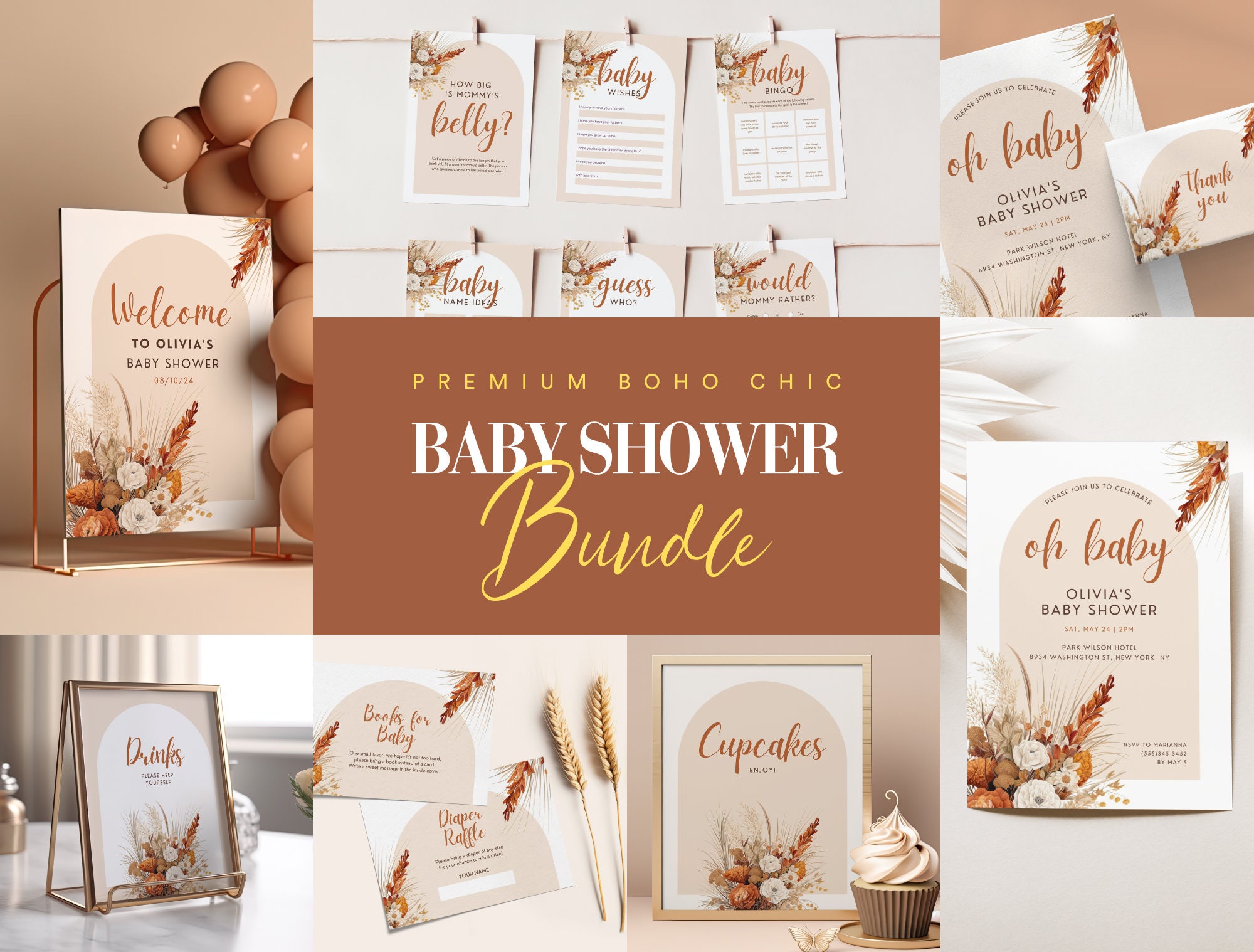 Boho Baby Shower Invitation Bundle, Printable Baby Shower Invitation Pack, Editable Baby Shower