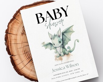 Draak baby shower uitnodigen | Aquarel uitnodigen voor babyshower | Afdrukbare Premium Canva-sjabloon | Bedankkaart | Geslachtsneutrale uitnodiging