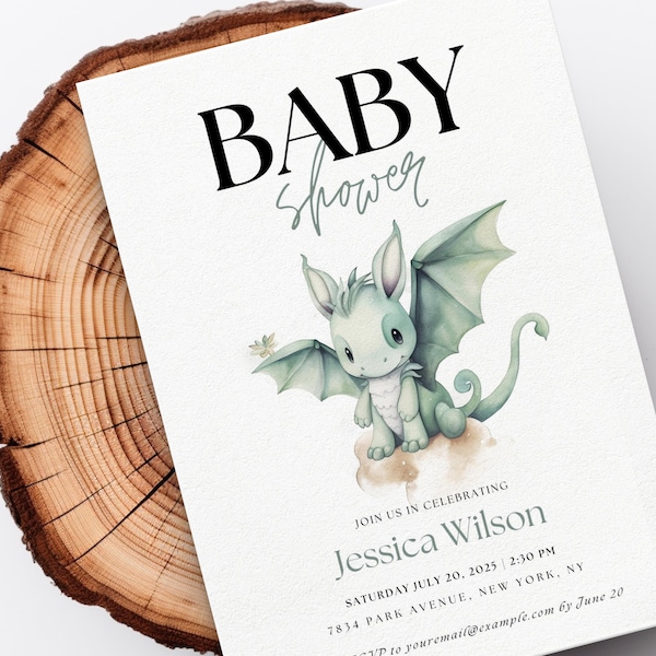 Dragon Baby Shower Invite | Watercolor Invite for Baby Shower | Printable Premium Canva template | Thank You Card | Gender Neutral Invite
