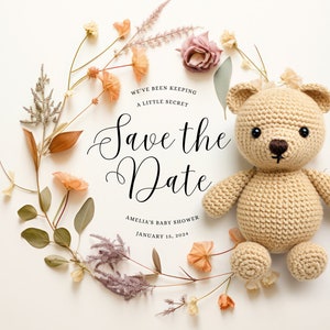Minimalist Teddy Bear Save the Date for Baby Shower Card, Printable Baby Shower Save the Date Template, Fully Editable and printable