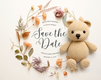 Minimalist Teddy Bear Save the Date for Baby Shower Card, Printable Baby Shower Save the Date Template, Fully Editable and printable