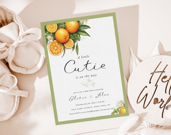 A Little Cutie is on the Way Invitation | Editable Citrus Baby Shower | Gender Neutral | Co-ed Baby Shower Invitation | Orange Baby Shower