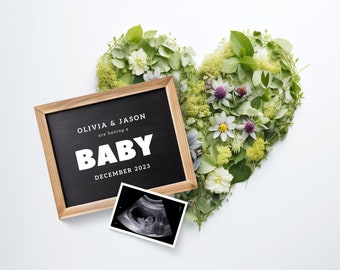 Floral Heart Digital Pregnancy Announcement | Minimalist Neutral | Share on Social Media | With Optional Sonogram | Gender-neutral