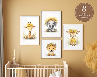 Set of 8 Gender Neutral Animal Nursery Wall Art Printable | Gender Neutral Nursery Decor | Baby animals and sunflowers | Animal Nursery Art