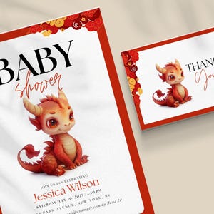 Lunar New Year Dragon Baby Shower Einladen und Dankeskarte, bearbeitbare Dragon Baby Shower, chinesische Neujahrs-Babyparty, geschlechtsneutral