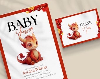 Lunar New Year Dragon Baby Shower Invite and Thank You card, Editable Dragon Baby Shower, Chinese New Year Baby Shower, Gender neutral