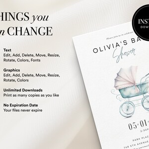 Op de afbeelding: Een uitnodiging voor een babyshower met een aquarel illustratie van een vintage kinderwagen in blauwe en roze tinten. De uitnodiging bevat de tekst "OLIVIA'S BABY SHOWER" en evenementdetails. De tekst "THINGS you can CHANGE" is ook aanwezig.
