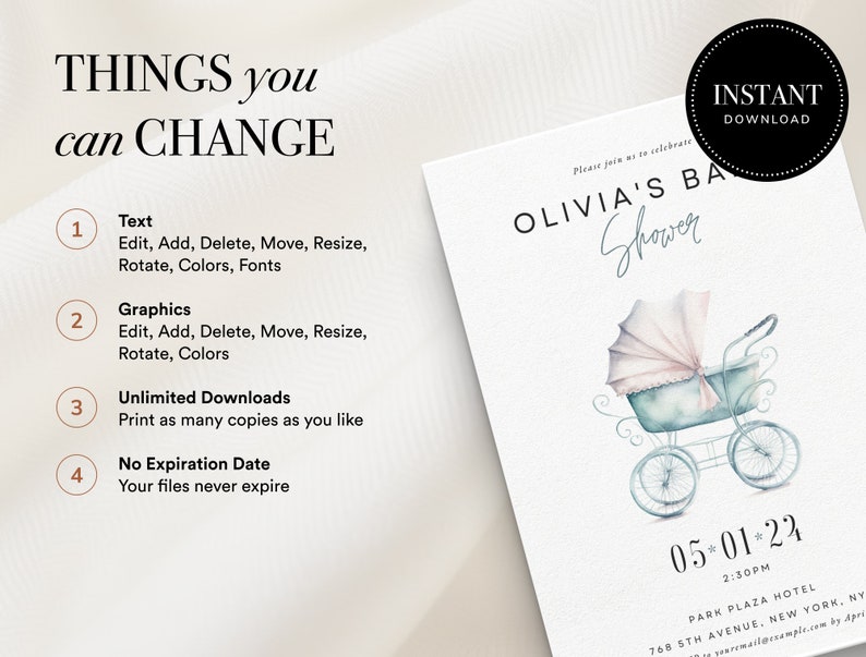 Op de afbeelding: Een uitnodiging voor een babyshower met een aquarel illustratie van een vintage kinderwagen in blauwe en roze tinten. De uitnodiging bevat de tekst "OLIVIA'S BABY SHOWER" en evenementdetails. De tekst "THINGS you can CHANGE" is ook aanwezig.